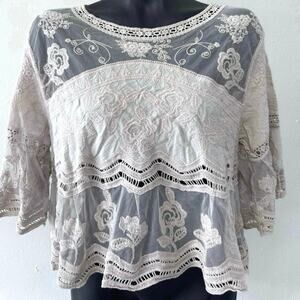 NWT Rebellion Mesh Cropped Sheer Top Sz L Lace Embroidered Romantic Fairy Boho